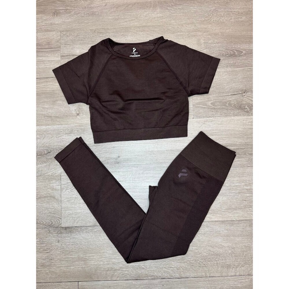 Women's Seamless Workout Set Brown Short Sleeve Crop Top High Waist Leggings - Picture 6 of 6